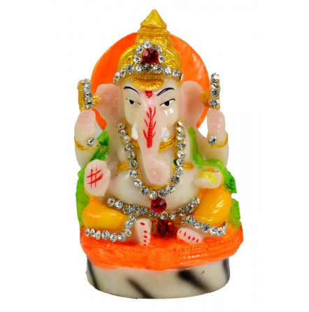 Hand Carved Ganesha Resin Sculpture Marble Polish 4 Inches with Zircons