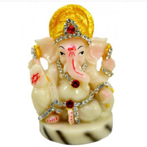 Ganesha Resin Sculpture Statue Marble Polish 3.5 Inches with Zircons