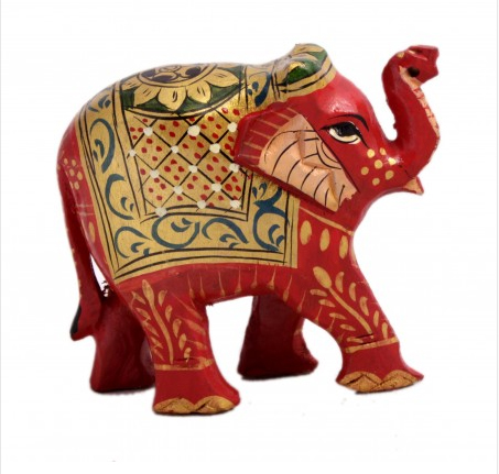 Hand Crafted Indian Royal Elephant Red Meenakari Painted Wooden Sculpture Statue