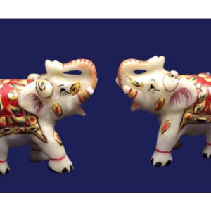 A Set of Hand Crafted Indian Royal Elephant Gold Painted Marble Sculpture Idol Statue