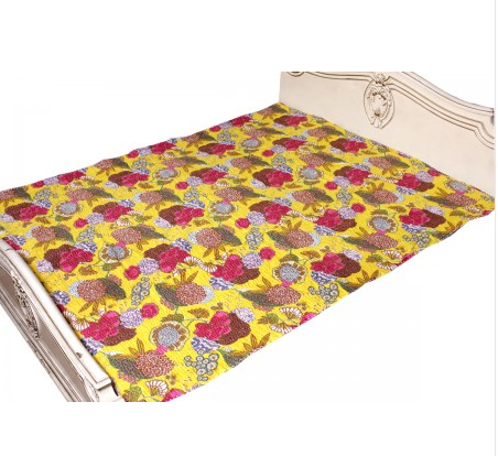 Kantha Stitch Quilt Floral Handmade Jaipuri Print Single Bedspread & Kantha Bed Cover Yellow 60x90 Inches