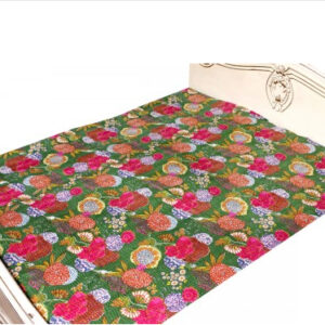 Kantha Stitch Quilt Floral Jaipuri Print Single Bedspread & Bed Cover Dark Green 60x90 Inches
