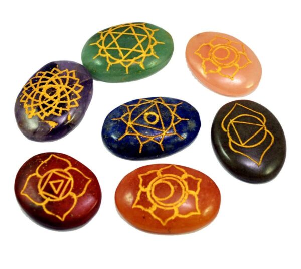 7 piece Natural Engraved Chakra Stone Palm Stone Crystal Reiki Healing Balancing