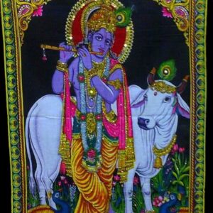 Lord Krishna & Cow Indian Deity Sequin Batik Cotton Wall Tapestry 43 Inch