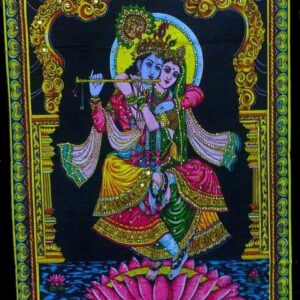 Lord Krishna & Radha Indian Deity Sequin Batik Cotton Wall Tapestry 44 inches